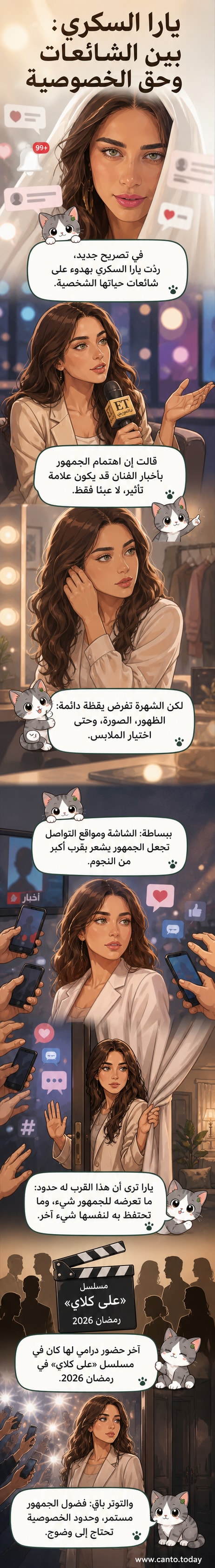 رسم كاريكاتيري ليارا السكري تبتسم أمام كاميرات تلفزيونية وعناصر من الجمهور يحملون هواتف، مع خلفية درامية تمثل شاشة تلفاز.