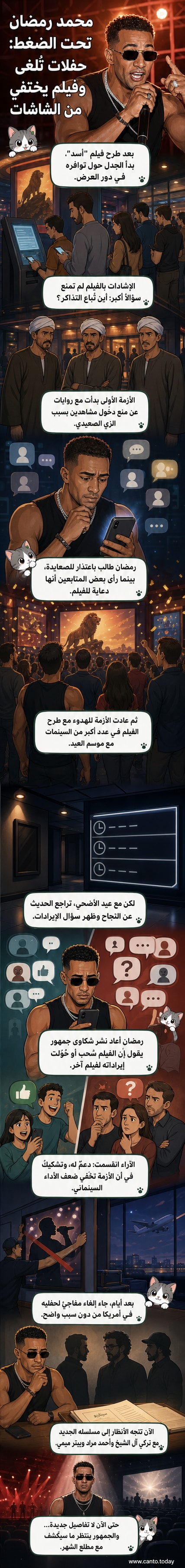 محمود رمضان على خشبة مسرح بزي صعيدي، وحوله جمهور غاضب، مع إشارة إلى إلغاء عروض وسحب فيلم من السينمات.