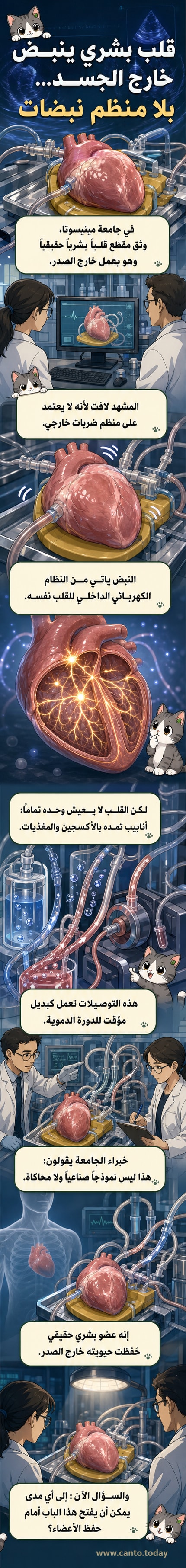 مقطع فيديو يُظهر قلبًا بشريًا نابضًا داخل مختبر، موصول بأنابيب تُشبه الدورة الدموية، بدون منظم نبضات
