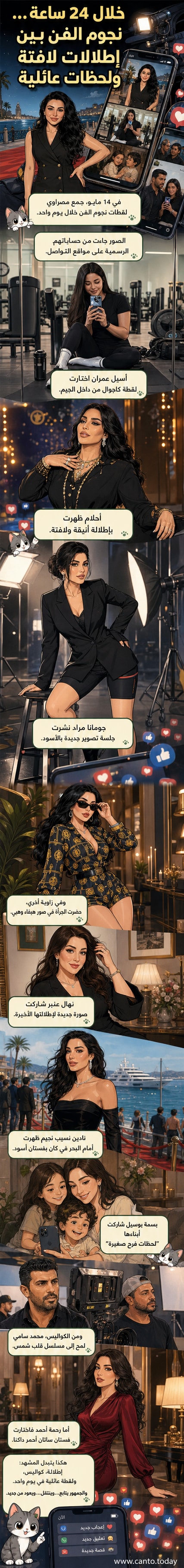مجموعة من صور نجوم الفن في إطلالات مختلفة: هيفاء وهبي بملابس رياضية، نادين نجيم بفستان أسود على الشاطئ، وبسمة بوسيل مع أطفالها.