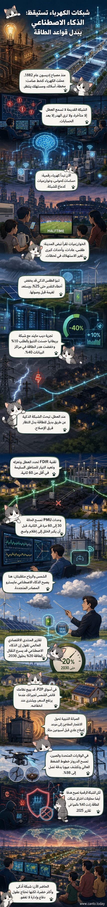 رسم توضيحي لشبكة كهرباء ذكية تُظهر حساسات وذكاء اصطناعي يراقب خطوط النقل، مع أجهزة منزلية متصلة وطائرات مسيرة تفتش الأبراج، في مشهد مستقبلي لشبكة طاقة حية.