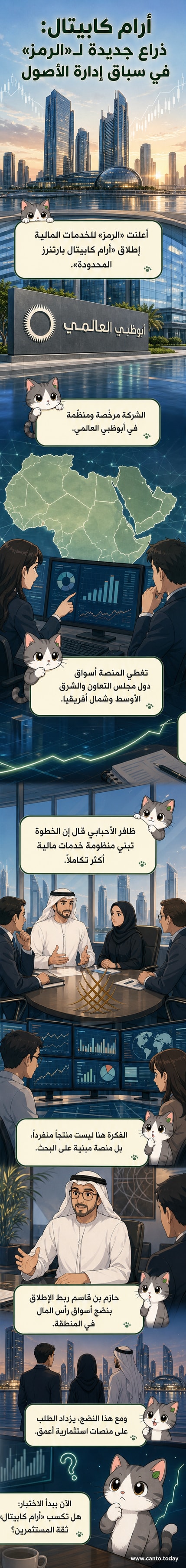 شعار شركة أرام كابيتال بجانب ناطحات سحاب في أبوظبي، ترمز لانطلاق منصة إدارة أصول جديدة في مركز أبوظبي العالمي