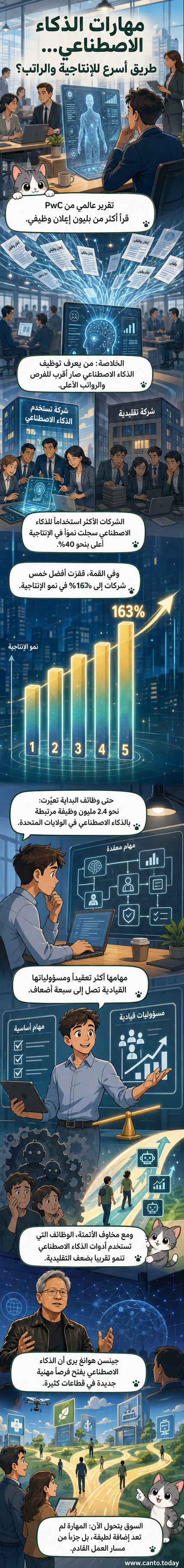 رسم توضيحي يظهر شخصاً يستخدم حاسوباً مع رموز ذكاء اصطناعي تحيط به، وسهم يرتفع يشير إلى زيادة في الإنتاجية والرواتب.
