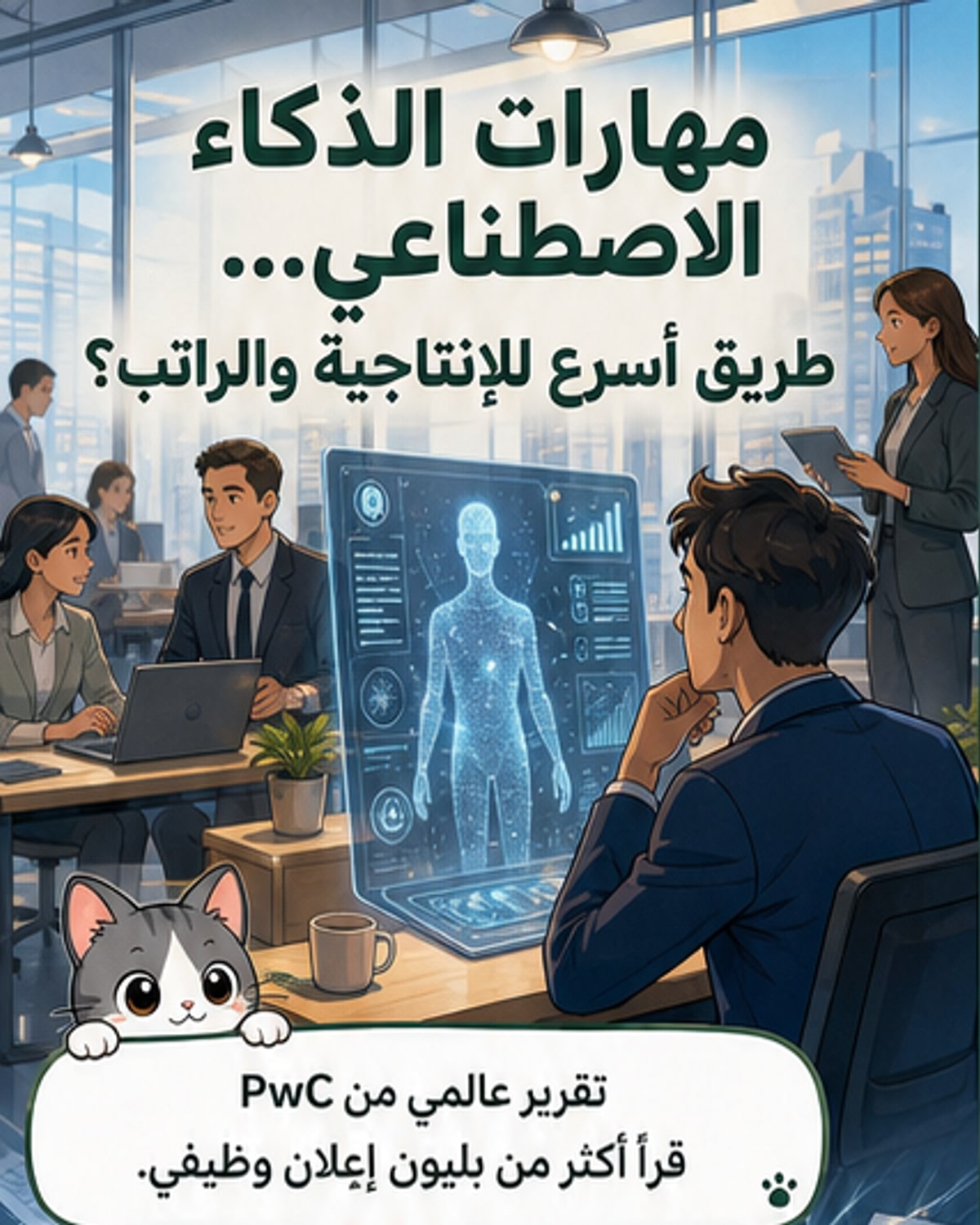رسم توضيحي يظهر شخصاً يستخدم حاسوباً مع رموز ذكاء اصطناعي تحيط به، وسهم يرتفع يشير إلى زيادة في الإنتاجية والرواتب.