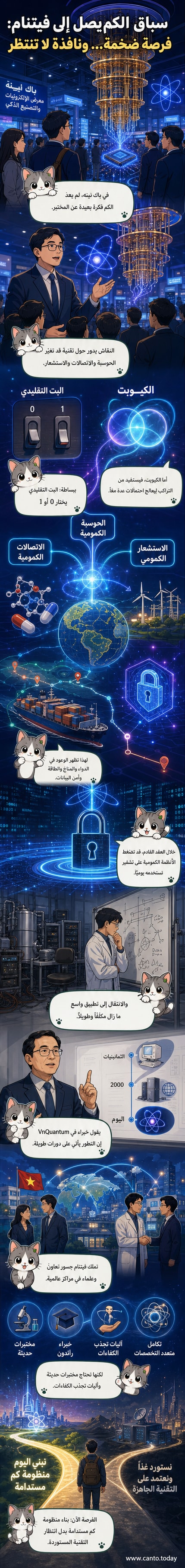 رسم توضيحي يظهر تفاعل الجسيمات الكمومية داخل حاسوب كمومي متقدم، مع خلفية تكنولوجية زرقاء وذرات متحركة.