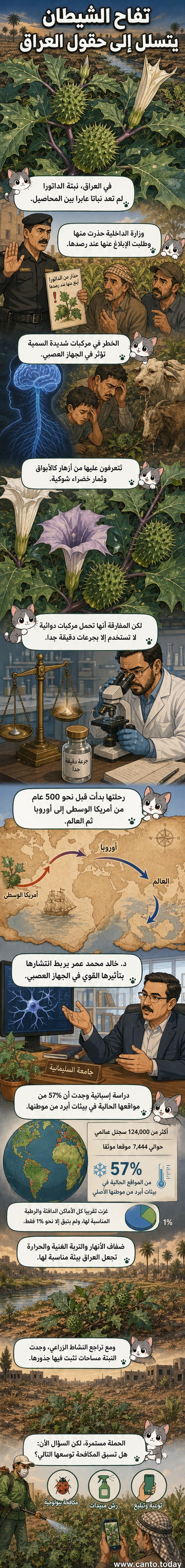 رسم توضيحي لنبات الداتورا بأزهاره البيضاء الشبيهة بالأبواق وثماره الشوكية، يظهر في حقل زراعي عراقي مع تحذيرات رسمية من انتشاره.