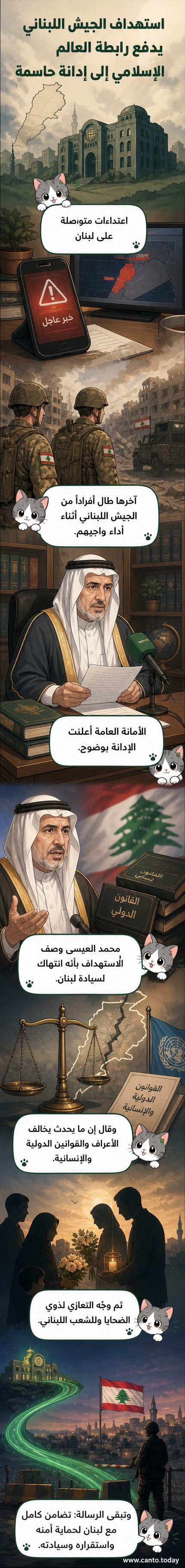 لوحة كرتونية تمثل أمين عام رابطة العالم الإسلامي يقف أمام خريطة للشرق الأوسط، ويدعو إلى وقف الاعتداءات على لبنان، بينما تظهر طائرات حربية فوق الحدود اللبنانية.