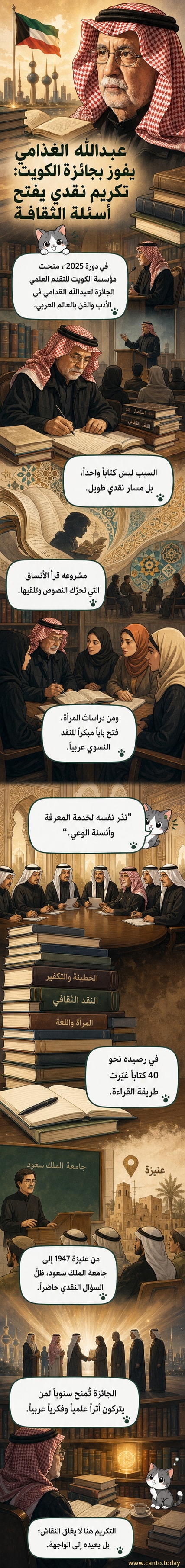 رسم توضيحي يظهر الناقد السعودي عبدالله الغذامي بجانب رفوف كتب تحمل عناوين مؤلفاته، مع خلفية تضم شعار جائزة الكويت للعلوم الإنسانية.