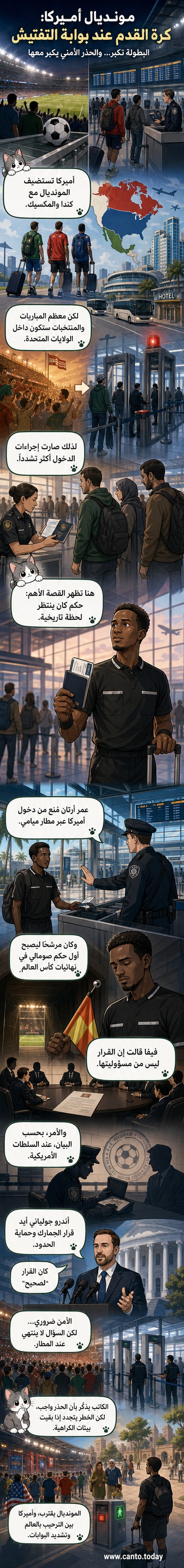 صورة تعبيرية لحكم كرة قدم يرتدي الزي الرسمي، وراءه علم الولايات المتحدة وشعار كأس العالم، مع ظل لضوء أمني يشير إلى التوترات المحيطة بدخوله