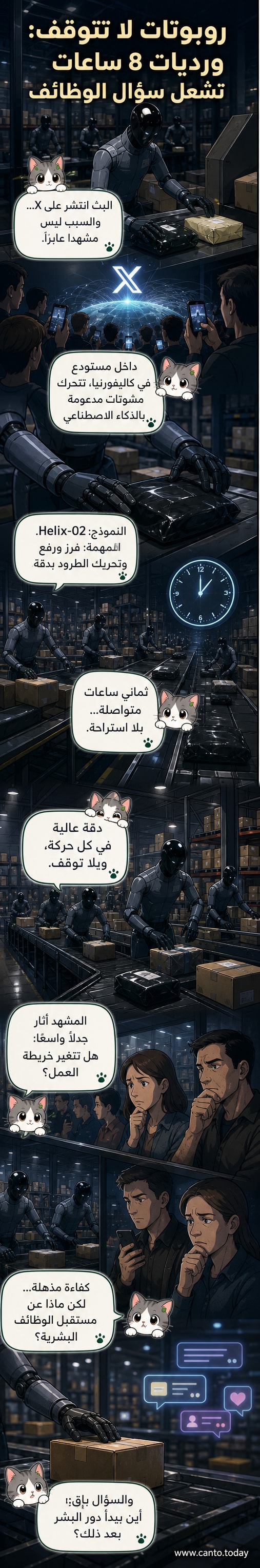 لقطة من فيديو تُظهر روبوتات ذكية تتحرك داخل مستودع ضخم في كاليفورنيا، وهي تُنجز مهام متعددة دون توقف.