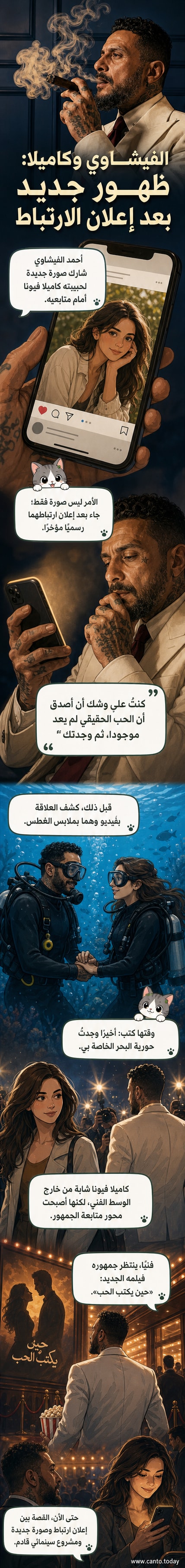صورة لأحمد الفيشاوي وكاميلا فيونا معًا، تُظهر لحظة عاطفية بعد إعلان ارتباطهما رسميًا.