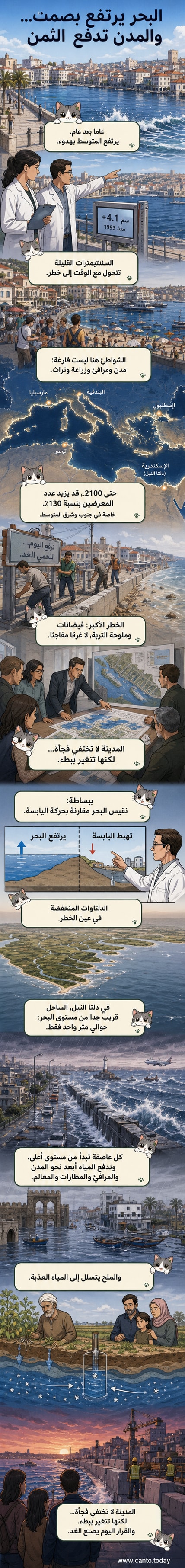 رسم توضيحي يظهر ارتفاع منسوب البحر المتوسط تدريجياً، مع تآكل السواحل وتمدد المياه المالحة نحو الأراضي الزراعية في دلتا النيل.
