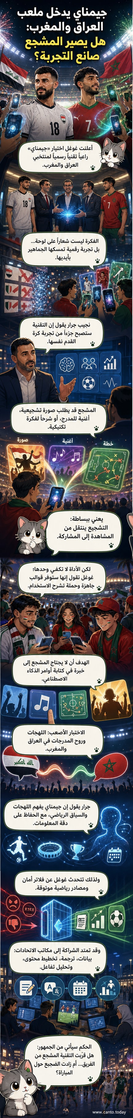 رسم كرتوني يظهر شاشة هاتف تعرض مساعد جيمناي (Gemini) وراءها جماهير تشجع بحماس، مع أعلام العراق والمغرب، وعناصر رقمية تخرج من الشاشة مثل نصوص، موسيقى، وصور تشجيعية.
