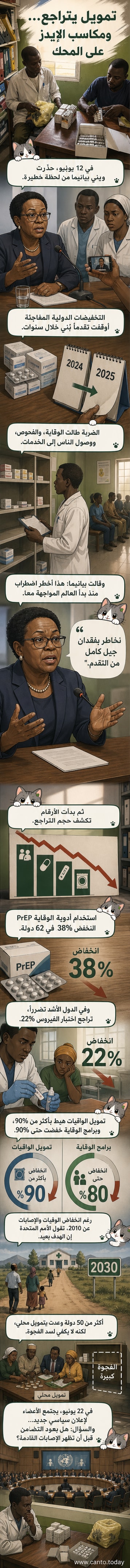 رسم توضيحي يظهر عالمًا يحمل شعار UNAIDS، وخلفه منحنى تصاعدي يمثل الإصابات الجديدة، مع ظل مالي قاتم يغطي برامج الوقاية والعلاج.