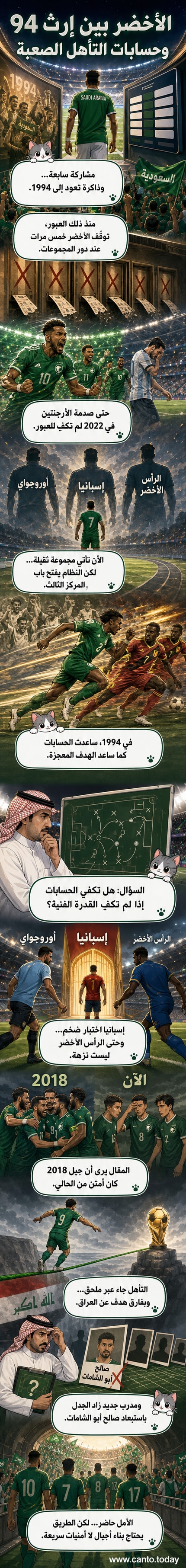رسم كرتوني للاعب سعودي ينظر إلى شعار كأس العالم 1994، بينما تظهر خلفه ظلال لاعبين من أجيال مختلفة، مع خريطة تُظهر مسارات المجموعات الحالية.