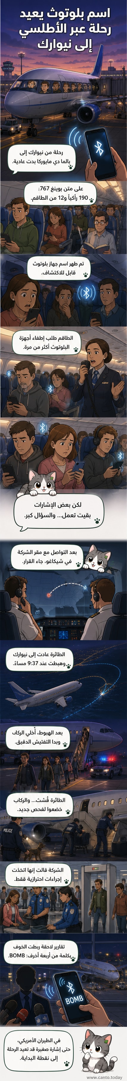 رسم توضيحي لطائرة ركاب كبيرة تهبط مجددًا في مطار، مع ظهور رمز بلوتوث على الشاشة بجانب كلمة 'BOMB' بلون أحمر.