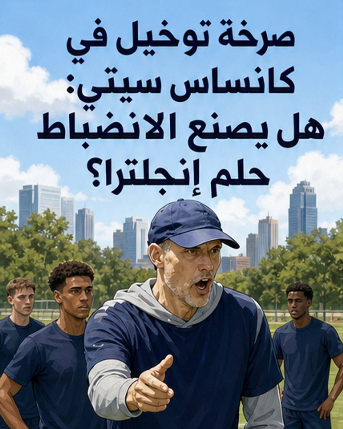 صورة تعبيرية للاعبين في تدريب مكثف، وخلفهم مدرب يُشير بإصرار، في بيئة تُجسّد الانضباط والتركيز العالي.