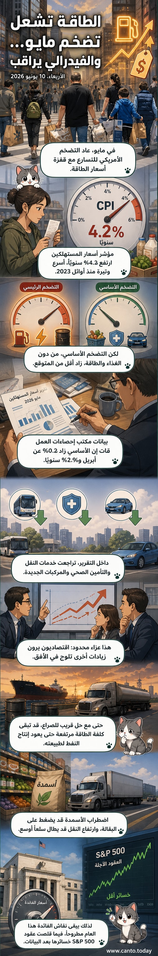 رسم توضيحي يظهر منحنى تضخم في الولايات المتحدة مع ارتفاع حاد في أسعار الطاقة بسبب حرب إيران