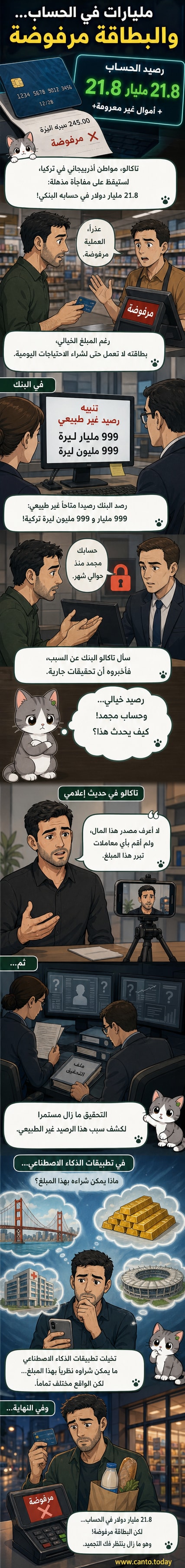 رجل ينظر إلى شاشة هاتفه مذهولًا، حيث يظهر رصيد مصرفي بقيمة 21.8 مليار دولار، بينما بطاقة بنكية مرفوضة على الطاولة بجانبه.