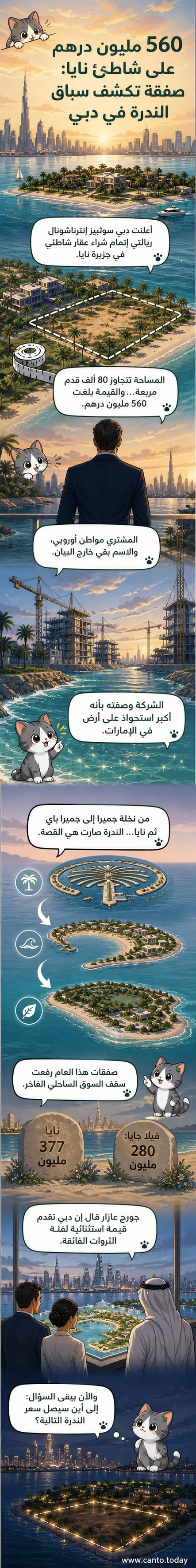 رسم توضيحي لجزيرة نايا بدبي مع عرض للعقار الشاطئي الذي بُيع بـ560 مليون درهم، يظهر محيطه الساحلي الفاخر والهندسة العمرانية الفريدة.