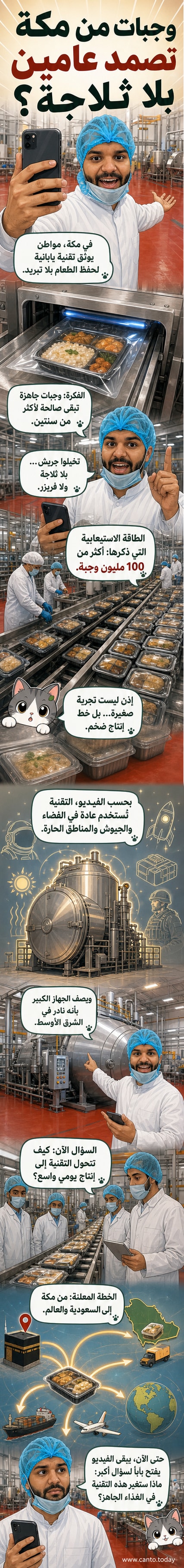 مصنع في مكة يعرض تقنية يابانية لحفظ الطعام دون تبريد، مع عرض لوجبات جاهزة وآلات متقدمة داخل خطوط الإنتاج.