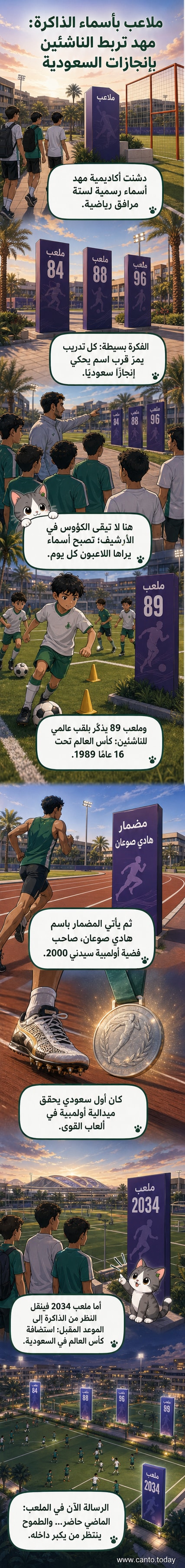 رسم توضيحي لستة ملاعب رياضية بأسماء تاريخية مثل 'ملعب 84' و'مضمار هادي صوعان'، تظهر في خلفية أكاديمية مهد، مع شعارات ترمز إلى بطولات آسيا والأولمبياد.