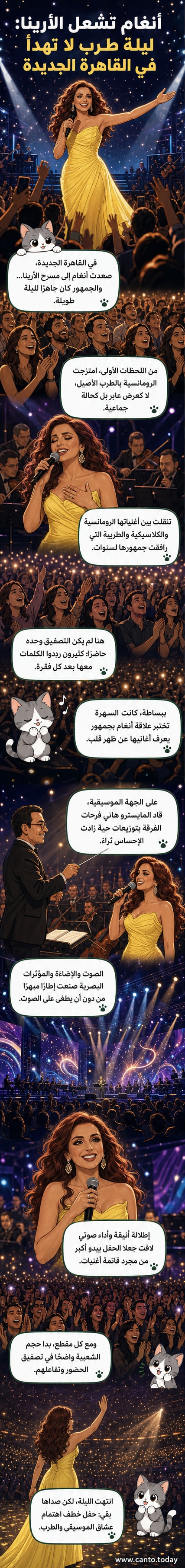 أنغام على خشبة مسرح الأرينا بالقاهرة الجديدة، تحيي حفلاً غنائياً برفقة فرقتها الموسيقية، تحت أنوار الإضاءة المسرحية المبهرة.