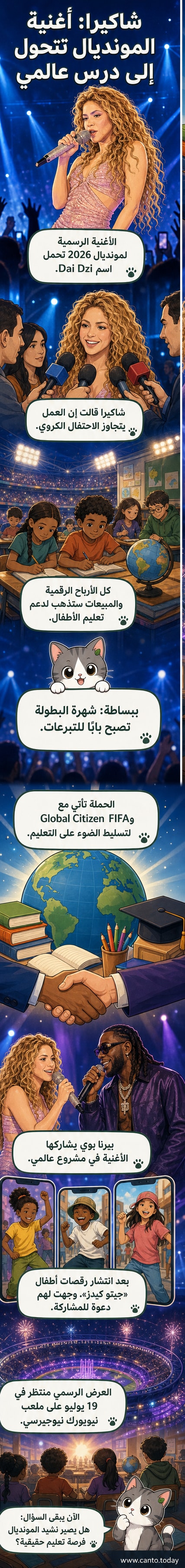شاكيرا وبرنا بوي في لوحة فنية ترويجية لأغنية مونديال 2026 "Dai Dzi"، مع رمزيات تعليمية وأطفال من حول العالم في الخلفية.