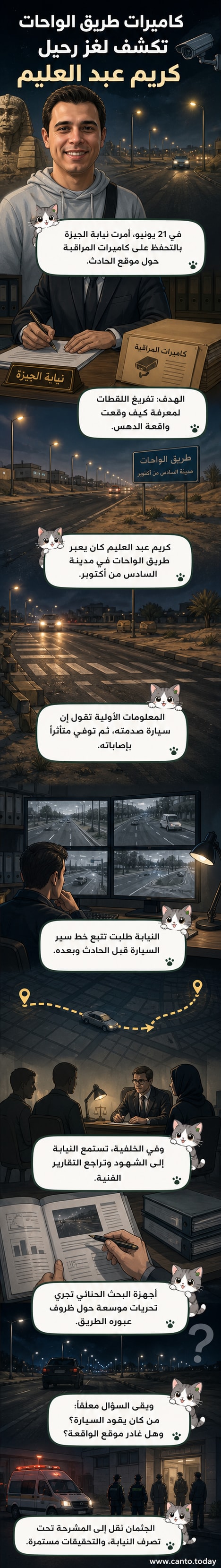 رسم كرتوني لطريق الواحات ليلاً مع سيارة إسعاف وضوء أحمر من كاميرا مراقبة، في خلفية حادث دهس توفي فيه الفنان كريم عبد العليم.