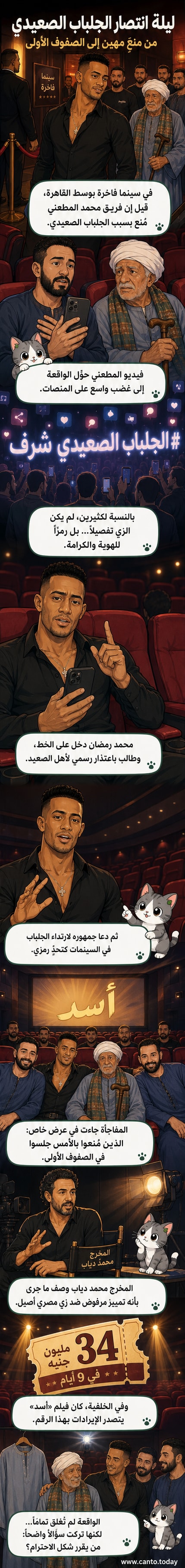 محمد رمضان جالس بجانب أشخاص من أهل الصعيد يرتدون الجلباب الصعيدي داخل دار سينما، في لقطة تضامن بعد حادثة منعهم من الدخول.