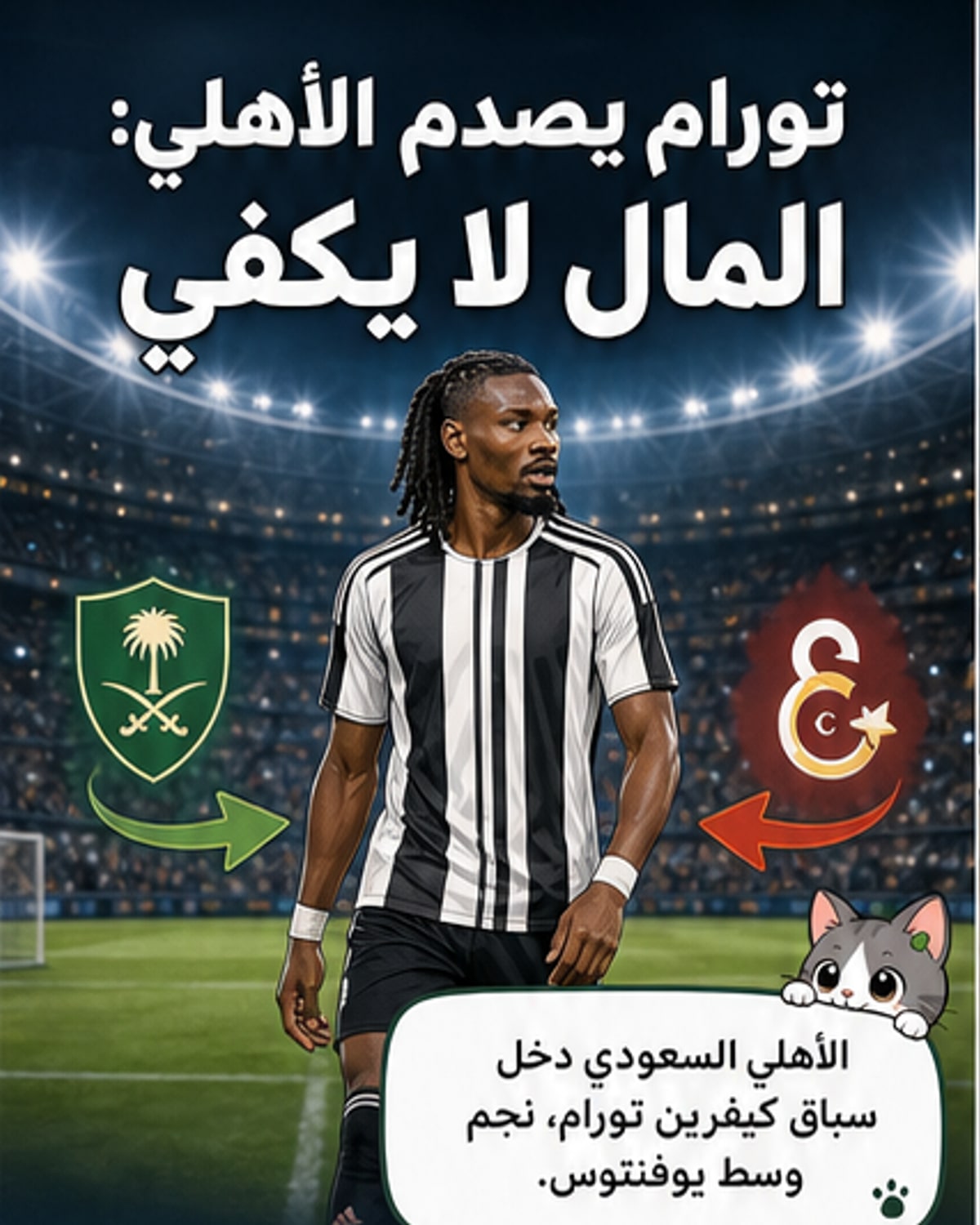 رسم كرتوني للاعب كيفرين تورام يقف بين شعاري يوفنتوس والأهلي، مع إشارة إلى قراره بالبقاء في أوروبا.
