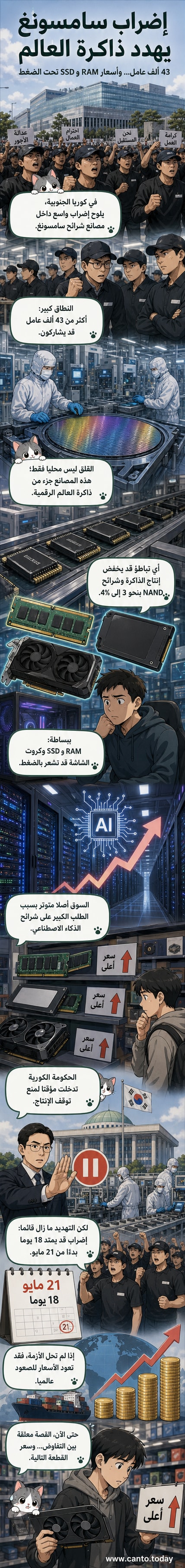 رسم توضيحي يظهر مصنع سامسونج مع عمال يحملون لافتات احتجاج، وخلفية من رموز كروت الشاشة ووحدات SSD وRAM، مع سهم يشير إلى ارتفاع الأسعار.