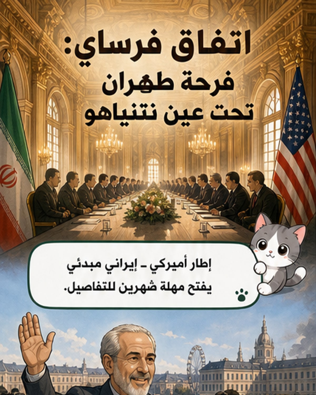 رسم كاريكاتيري ليد تمتد من واشنطن إلى طهران تحمل اتفاقاً، بينما تراقب عين من تل أبيب المشهد بقلق.