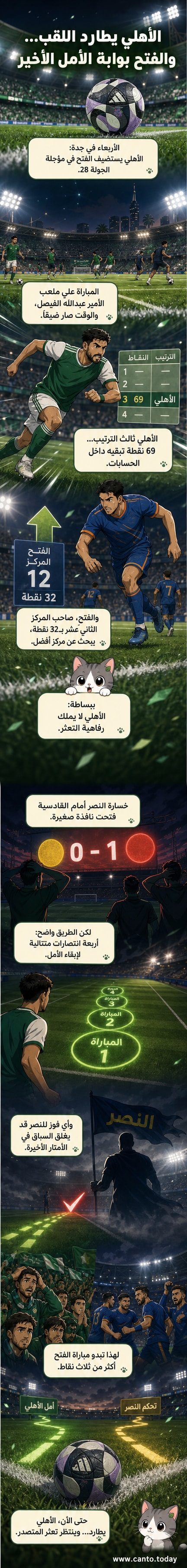 رسم توضيحي لمباراة كرة قدم بين الأهلي والفتح على ملعب الأمير عبدالله الفيصل في جدة، مع إضاءة الملعب ليلاً وحشد جماهيري في المدرجات.