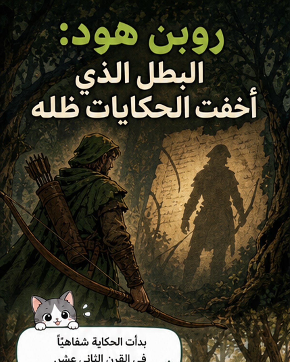 رسم توضيحي يظهر روبن هود كثعلب في قبعة خضراء مقابل صورة مظلمة لرجل مرهق في غابة، يعكس التناقض بين الصورة الشعبية والرواية التاريخية.