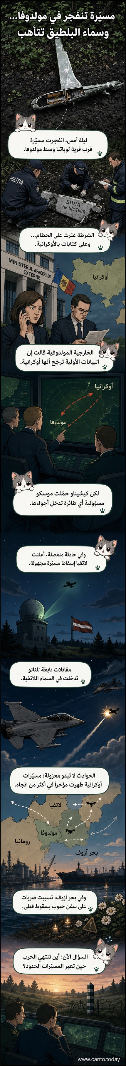 رسم توضيحي يظهر موقع انفجار طائرة مسيرة في مولدوفا وسقوط مسيرة أخرى في لاتفيا، مع خريطة مبسطة لأوروبا الشرقية وطائرات مسيرة فوق الحدود.