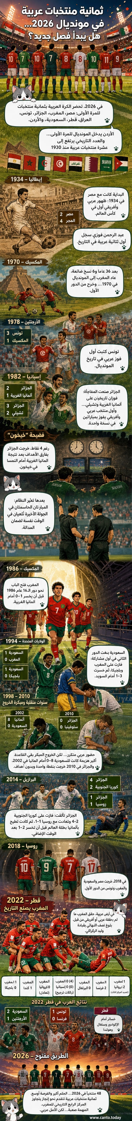 رسم توضيحي يظهر 8 أعلام عربية على خلفية ملعب كرة قدم، مع كأس العالم في الوسط، وشعار مونديال 2026
