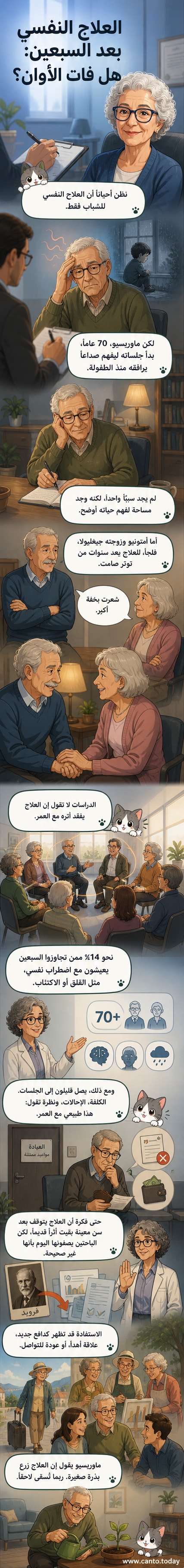 رجل وامرأة في السبعينيات يجلسان في جلسة علاج نفسي جماعية، يبتسمان أثناء الحديث، في بيئة دافئة تشبه الصالة المنزلية.