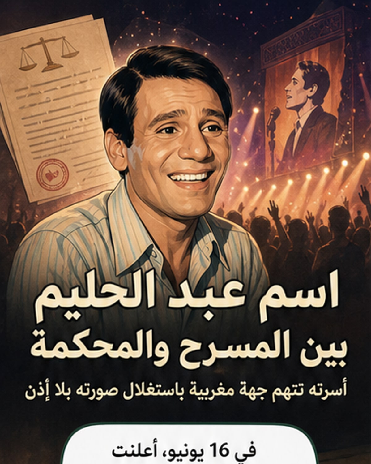صورة بالأبيض والأسود للفنان عبد الحليم حافظ مع خلفية قانونية ترمز إلى الدعوى القضائية التي أقامتها أسرته ضد جهة منظمة في المغرب