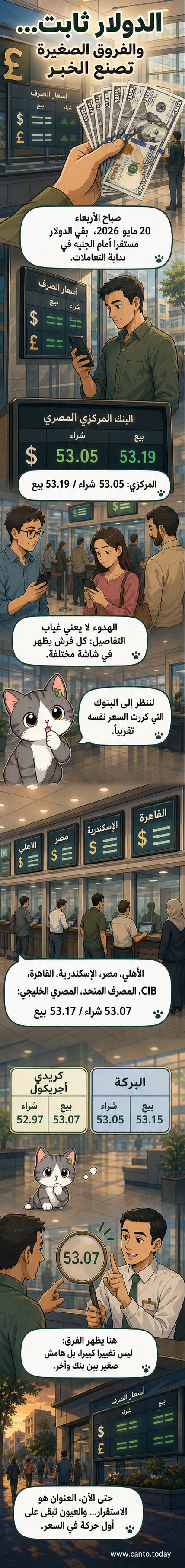 رسم بياني يوضح استقرار سعر صرف الدولار مقابل الجنيه المصري في عدد من البنوك الكبرى في 20 مايو 2026