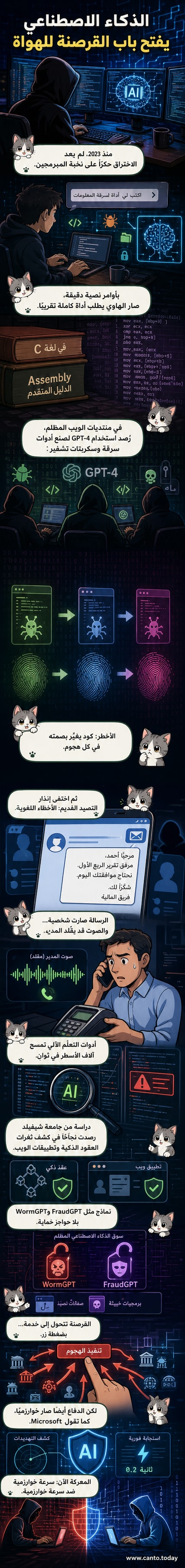 رسم توضيحي يظهر شخصًا أمام شاشة كمبيوتر، تخرج منها أيدي رقمية تمثل الذكاء الاصطناعي وهي تُنشئ برمجيات خبيثة ورسائل تصيد، بينما تُحاكي صوتًا بشريًا، في بيئة رقمية مظلمة تمثل الويب المظلم.