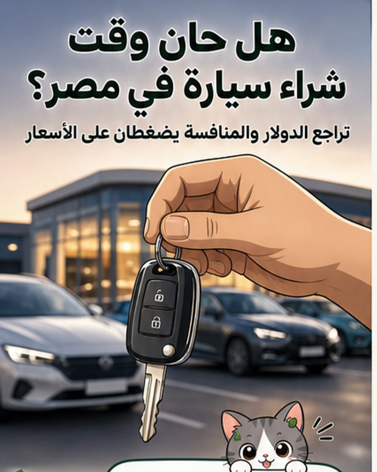 رسم بياني يوضح انخفاض أسعار السيارات في السوق المصري مع صورة لسيارات متعددة الطرازات على طريق في القاهرة، في خلفية اقتصادية مستقرة.