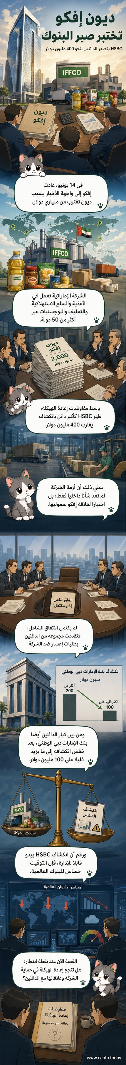 رسم توضيحي لشعار بنك HSBC وشركة إفكو مع رسم بياني يوضح حجم الديون وانكشاف البنوك، في سياق أزمة مالية لشركة صناعات غذائية إماراتية.