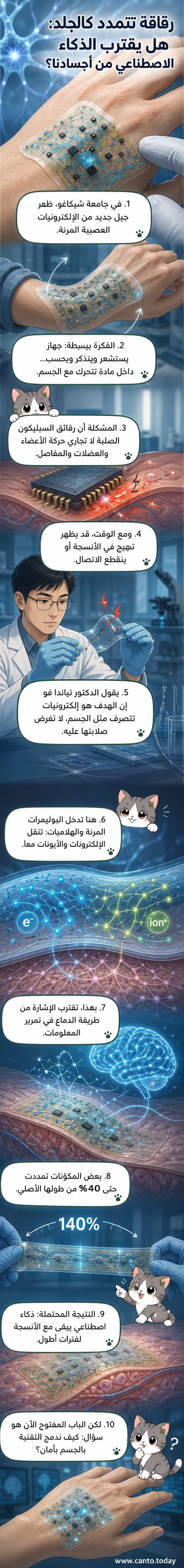 رسم توضيحي لإلكترونيات مرنة تلتف حول نسيج عضلي، مع إشارات كهربائية تشبه النشاط العصبي، في بيئة تشبه الأنسجة البشرية.