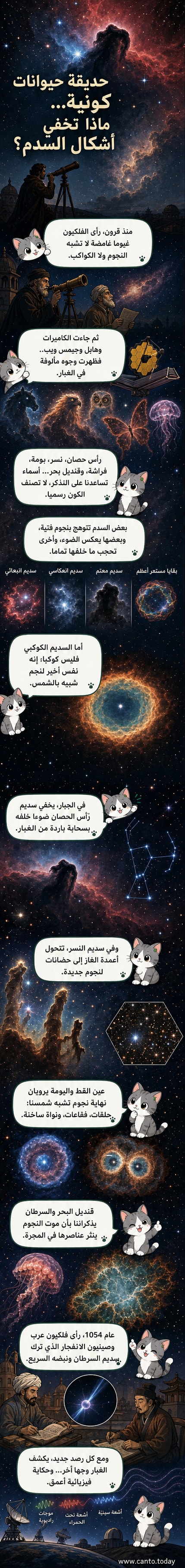 رسم توضيحي لسديم رأس الحصان بتفاصيل حمراء وسوداء، مع خلفية من النجوم، يظهر شكل رأس حصان من الغبار الكوني.