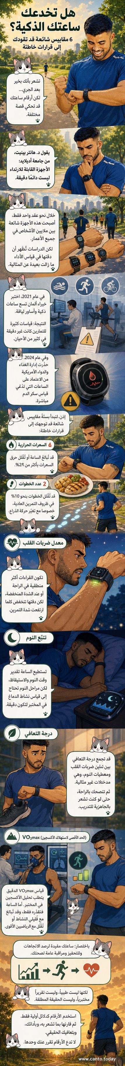 ساعة ذكية على معصم تُظهر مقاييس صحية مثل السعرات الحرارية وضربات القلب، مع إشارات إلى أن هذه البيانات قد تكون غير دقيقة.