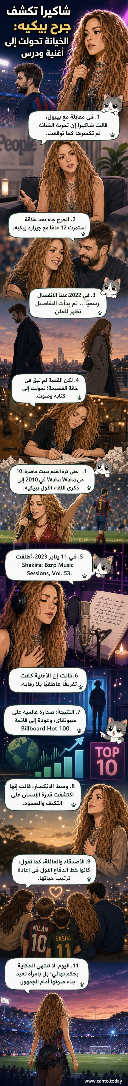 شاكيرا على خشبة المسرح بملابس بيضاء، وخلفها ظل لاعب كرة قدم، مع نصوص موسيقية تطفو في الهواء.