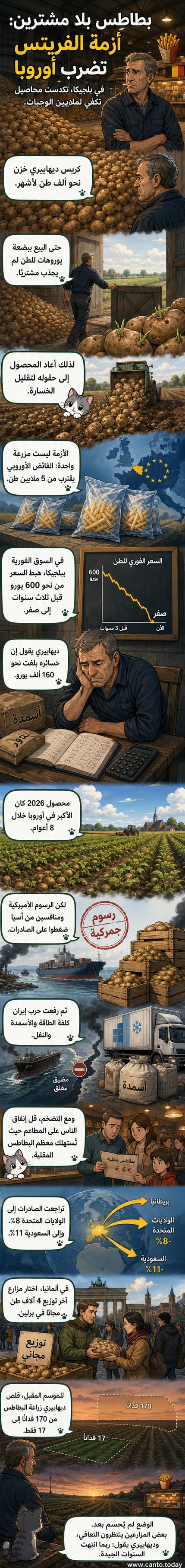 مزرعة بلجيكية مع كومة كبيرة من البطاطس غير المباعة، وسائق يلقي بالبطاطس في حقل، في مشهد يعكس أزمة فائض السوق.