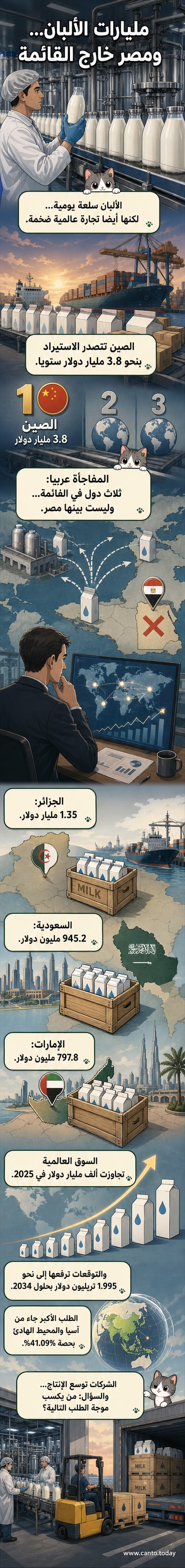 رسم توضيحي يظهر ثلاث علب حليب تحمل أعلام الجزائر والسعودية والإمارات، مع خلفية تجارية تشير إلى حجم الواردات