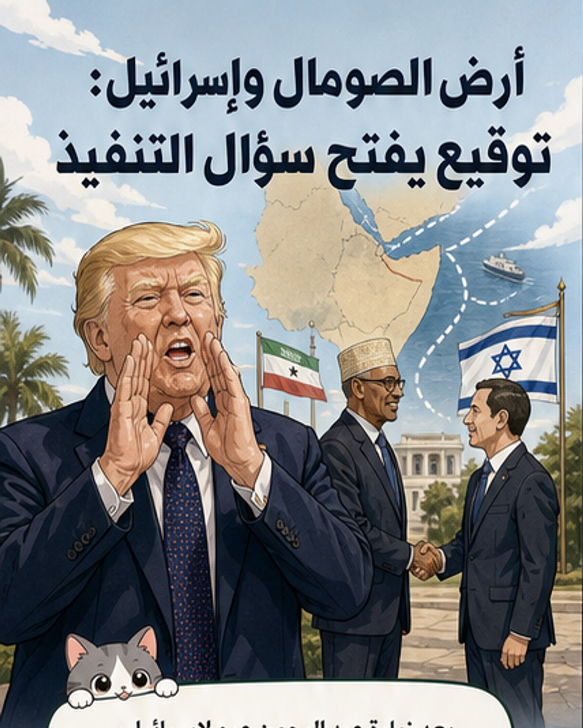 رسم توضيحي يظهر خريطة القرن الأفريقي مع إبراز موقع أرض الصومال، ويداً تمثل إسرائيل تمتدان نحو الإقليم، بينما تظهر رموز تهديد من اليمن تشير إلى الحوثيين.